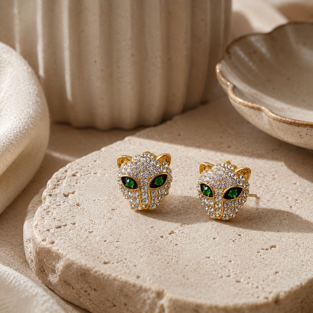 Art Deco Leopard Earrings Antique Museum Gold Head CZ Cat Animal Revival Eye VTG